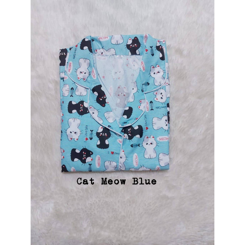 Setelan Piyama Baju Tidur  CP  JUMBO BIG SIZE  LD  116 - 120 Cm Motif Dewasa.-CAT MEOW BLUE