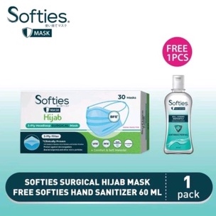 Masker Softies Surgical Mask Hijab 3 Ply 30 Pcs + Hand Sanitizer 60 Ml