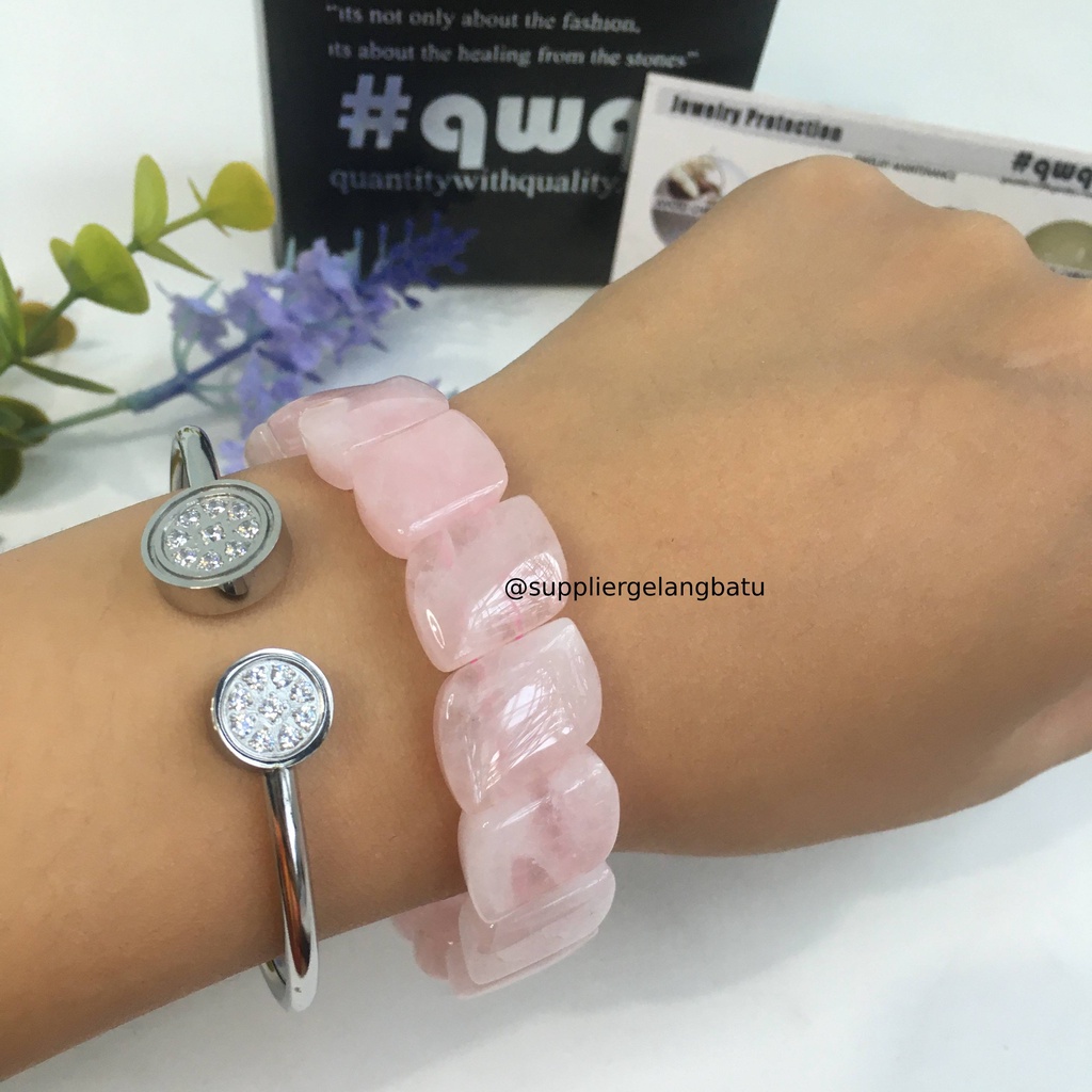 Gelang Batu ROSE QUARTZ CUTTING PANJANG limited natural asli akik PINK