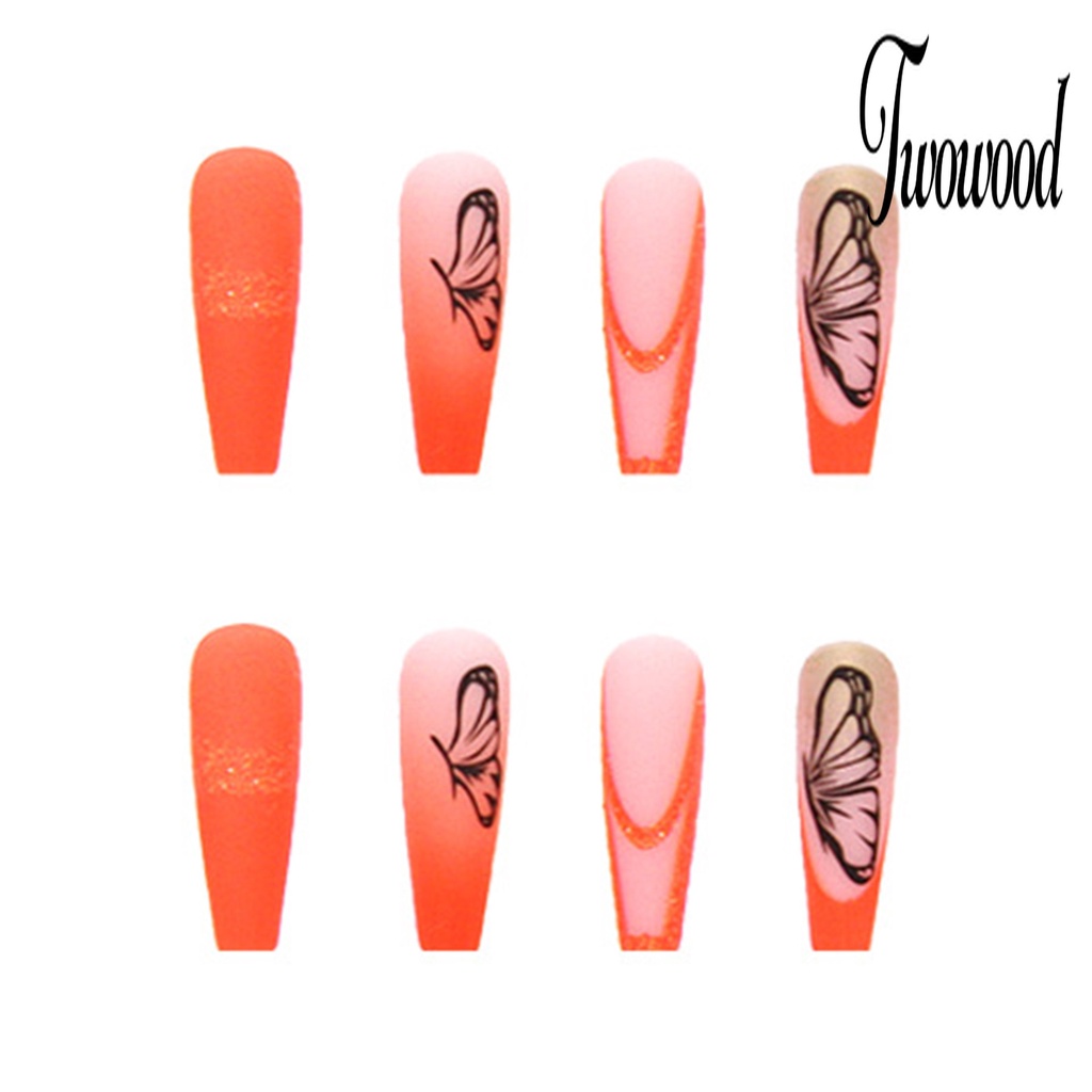 Twowood 24Pcs / Set Kuku Palsu Motif Kupu-Kupu Bahan ABS Tahan Pudar Untuk Nail Art / Manicure