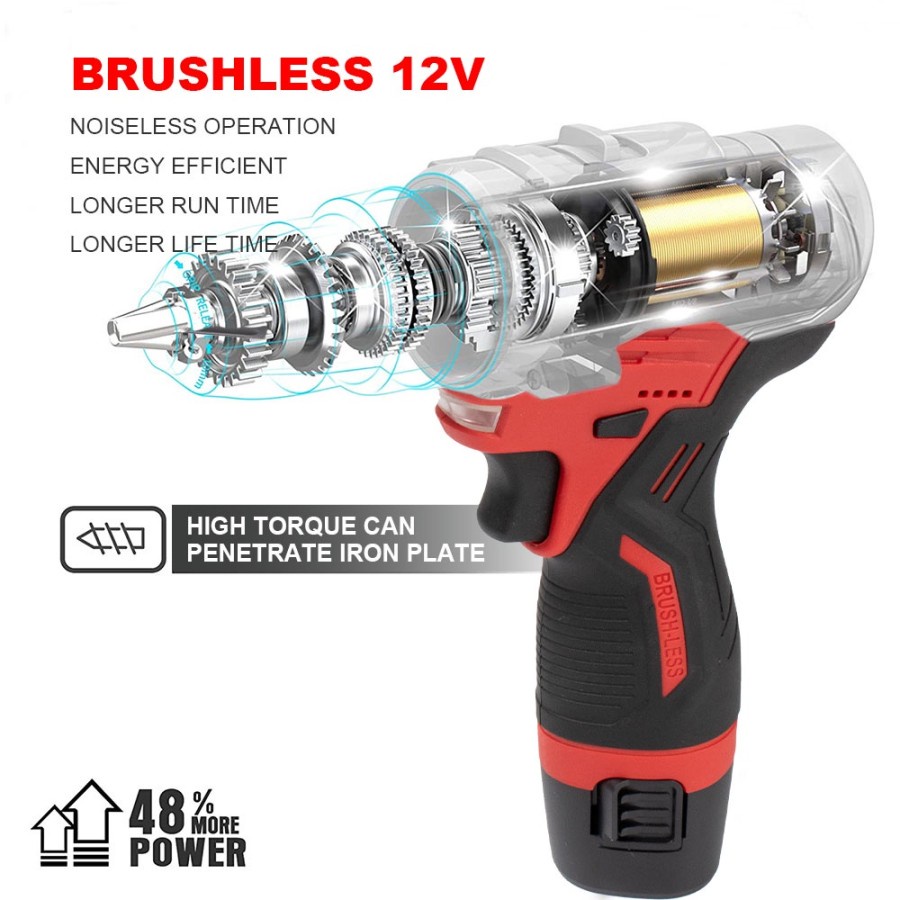 JLD BRUSHLESS CORDLESS DRILL MESIN BOR 2 BATERAI 12 VOLT BISA BOR KAYU BESI TEMBOK
