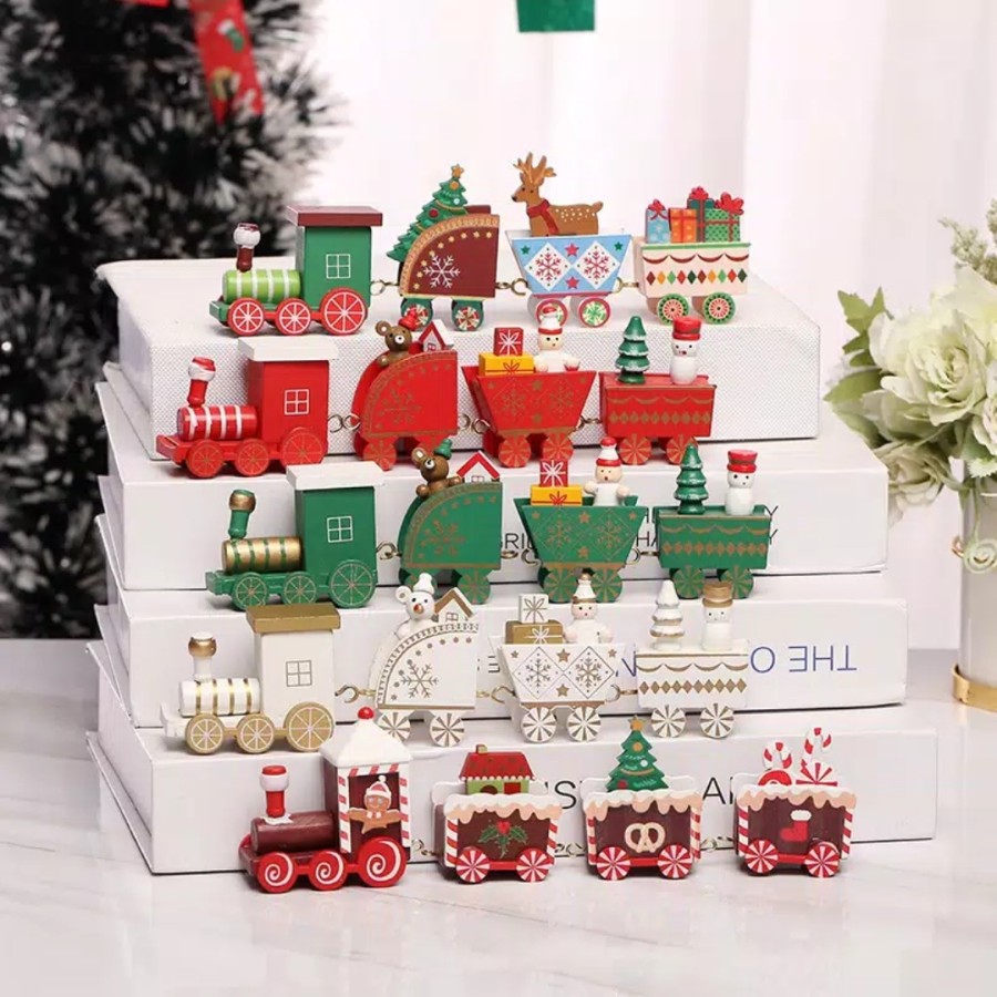 aksesoris Christmas natal kereta api kayu mini santa snowman cookies