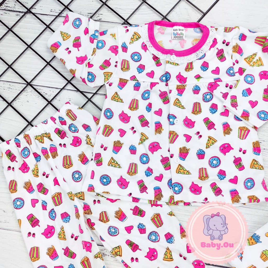 Setelan Bayi Panjang Motif PIzza / Setelan Piyama Bayi Perempuan / Baju Bayi Panjang Merk Syifana