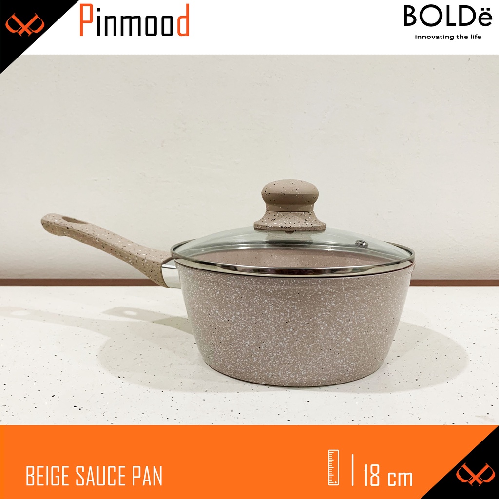 BOLDE BEIGE SAUCE PAN 18 CM + GLASS LID / TUTUP KACA SUPER PAN COATING GRANITE PANCI PENGGORENGAN WAJAN ANTI LENGKET SAUS