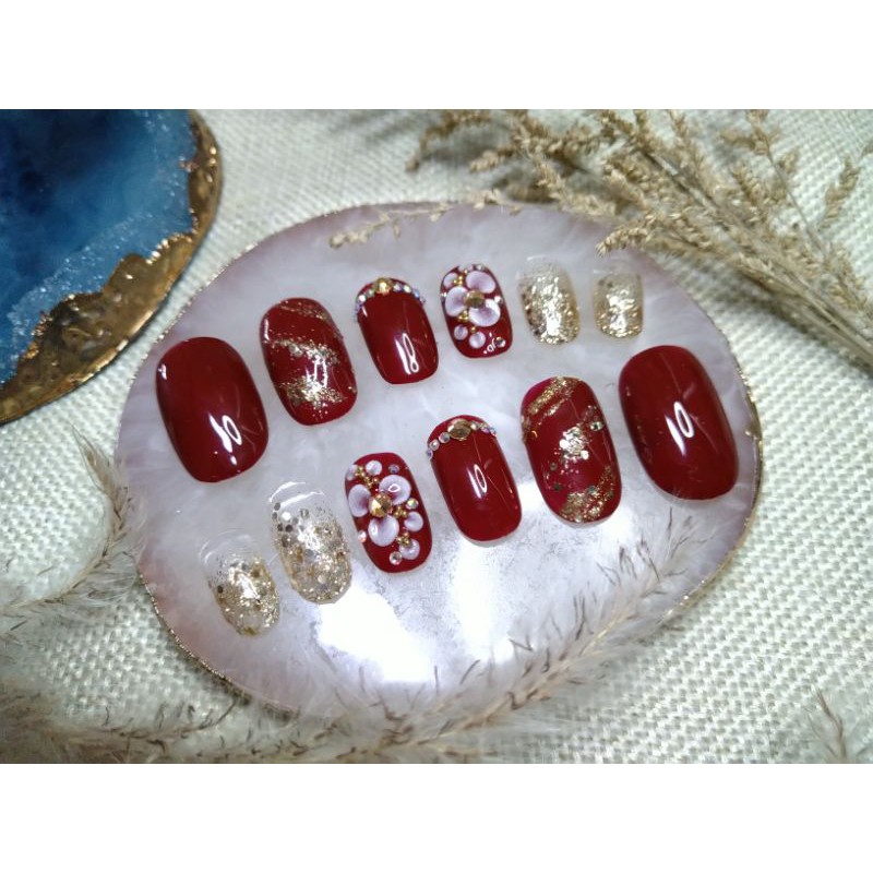 KUKU PALSU WEDDING, KUKU PALSU LAMARAN, KUKU PALSU 3D, KUKU PALSU PREMIUM, FAKE NAIL, NAIL ART, Press On Nails maron mix gold