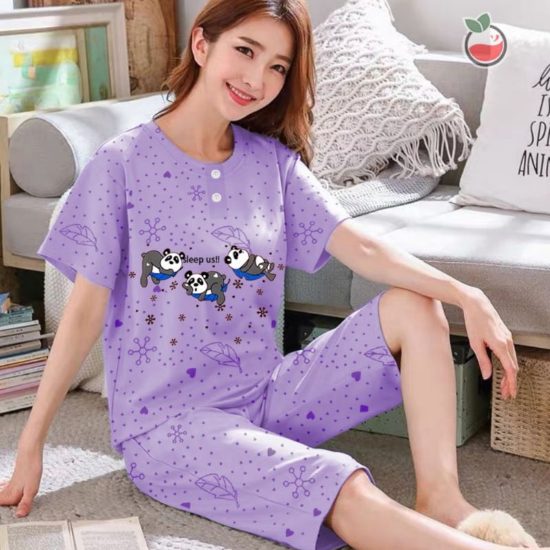 SUNCHERY COD BAJU TIDUR 3/4 ALL SIZE/BABYDOLL KEKINIAN MURAH/SLEEPWEAR WANITA-PANDA UNGU