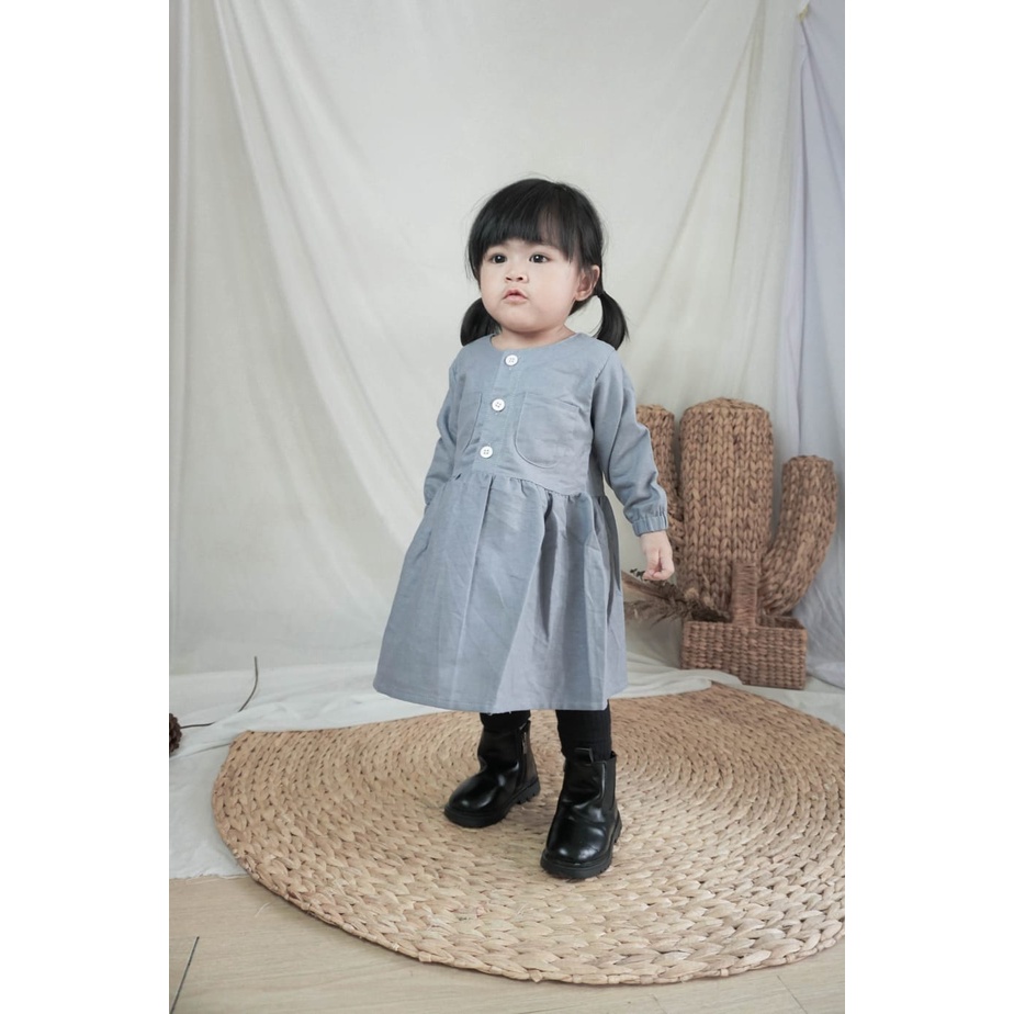 (Capung Kidswear) Dres Anak Polos Katun Rami Tangan Panjang Kimiko (1-6 tahun)