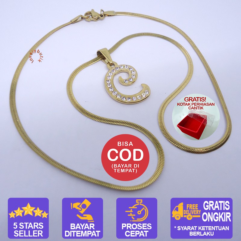 Lovelybutik Honey Kalung Huruf Titanium Anti Karat Inisial C Uk 45 cm BONUS KOTAK PERHIASAN