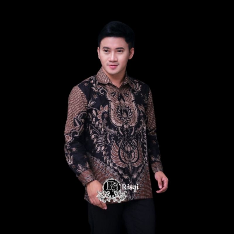 Batik pria Hitam kemeja batik lengan panjang Katun