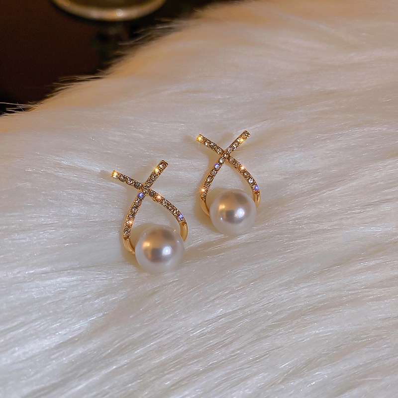 Anting Stud Hias Kristal Mutiara Gaya Elegan Untuk Wanita