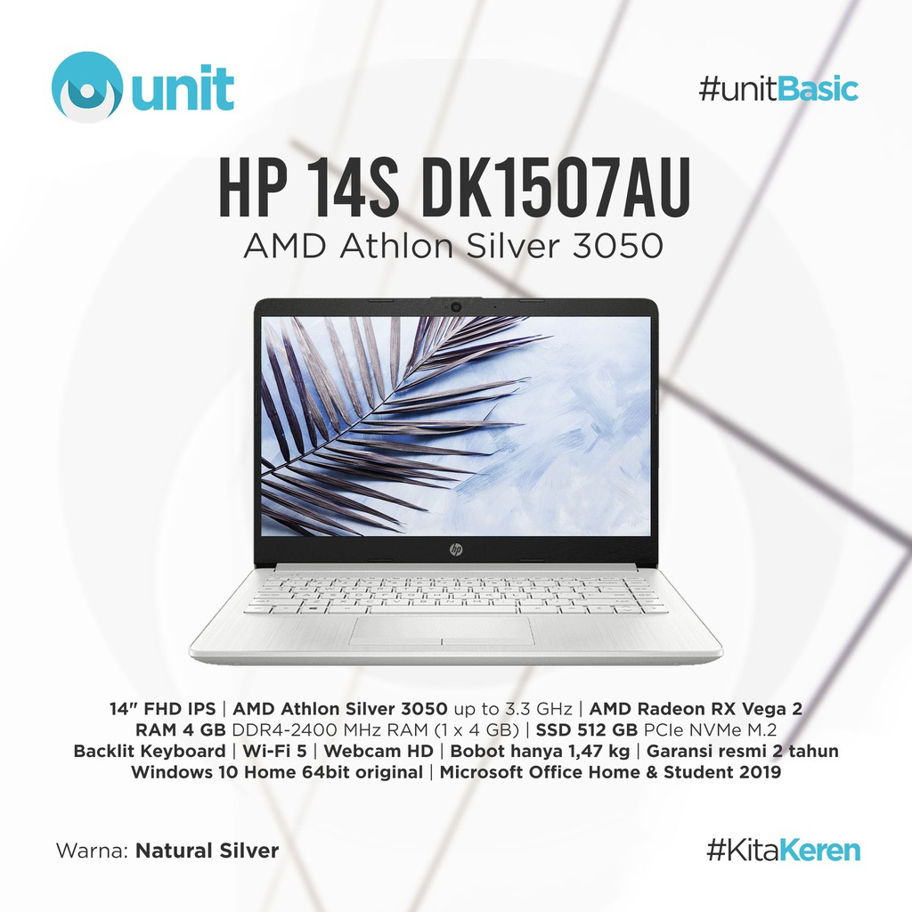 HP14s-DK1507AU 14"FHD IPS /AMD ATHLON-3050U/4GB/512GB/WIN10+OHS19 silver
