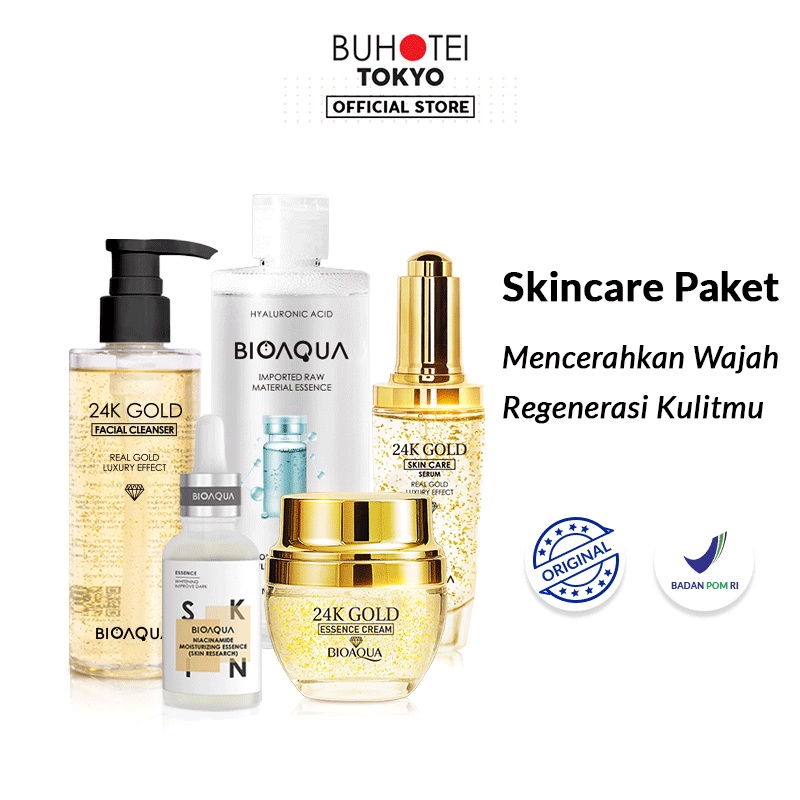 BUHOTEI Bioaqua 24K Gold Skin Care BPOM Skincare Paket Lengkap Whitening dan Brightening Essence Cream Skin Barrier & Gentle Cleanser & Exfoliating Toner & Hydrating Serum Skincare Untuk Kulit Berminyak Acnes Menghilangkan Bekas Jerawat Oil Control-BA-Skin Care Kit I