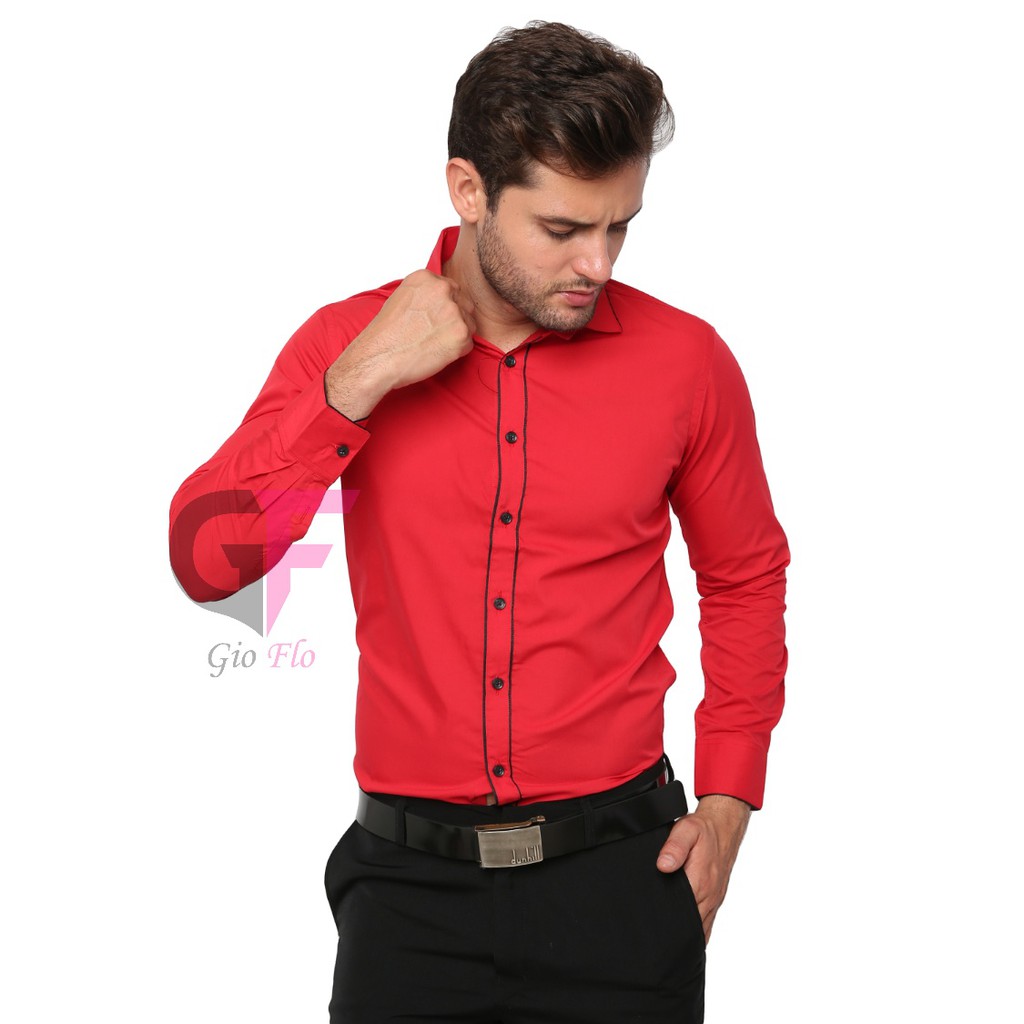 GIOFLO Hem Panjang Kemeja Pria Slim Fit Model Korea Merah / LNG 1773