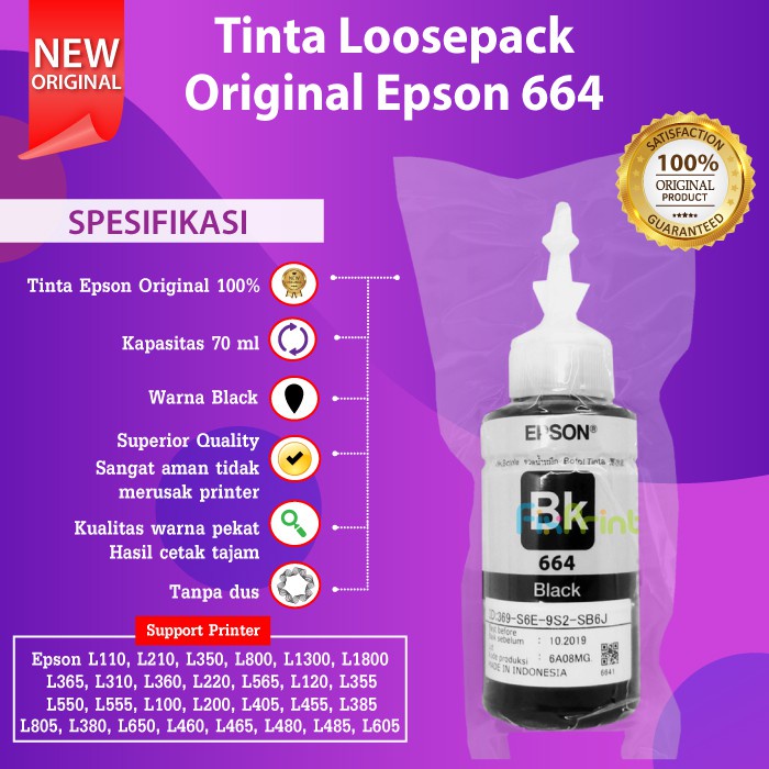 Tinta Epson Original 664 T664 Refill Printer L110 L120 L210 L220 L300 L310 L350 L355 L360 L365 L380