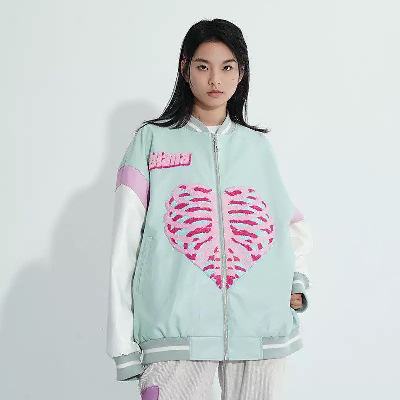 HEART VARSITY JAKET BISBOL WARNA MINT / KOREAN JACKET FASHION /CBIANA JAKET