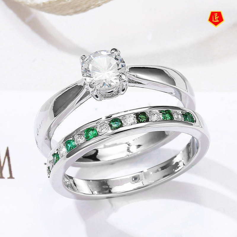 [Ready Stock]Simple Elegant Emerald Diamond Ring Set