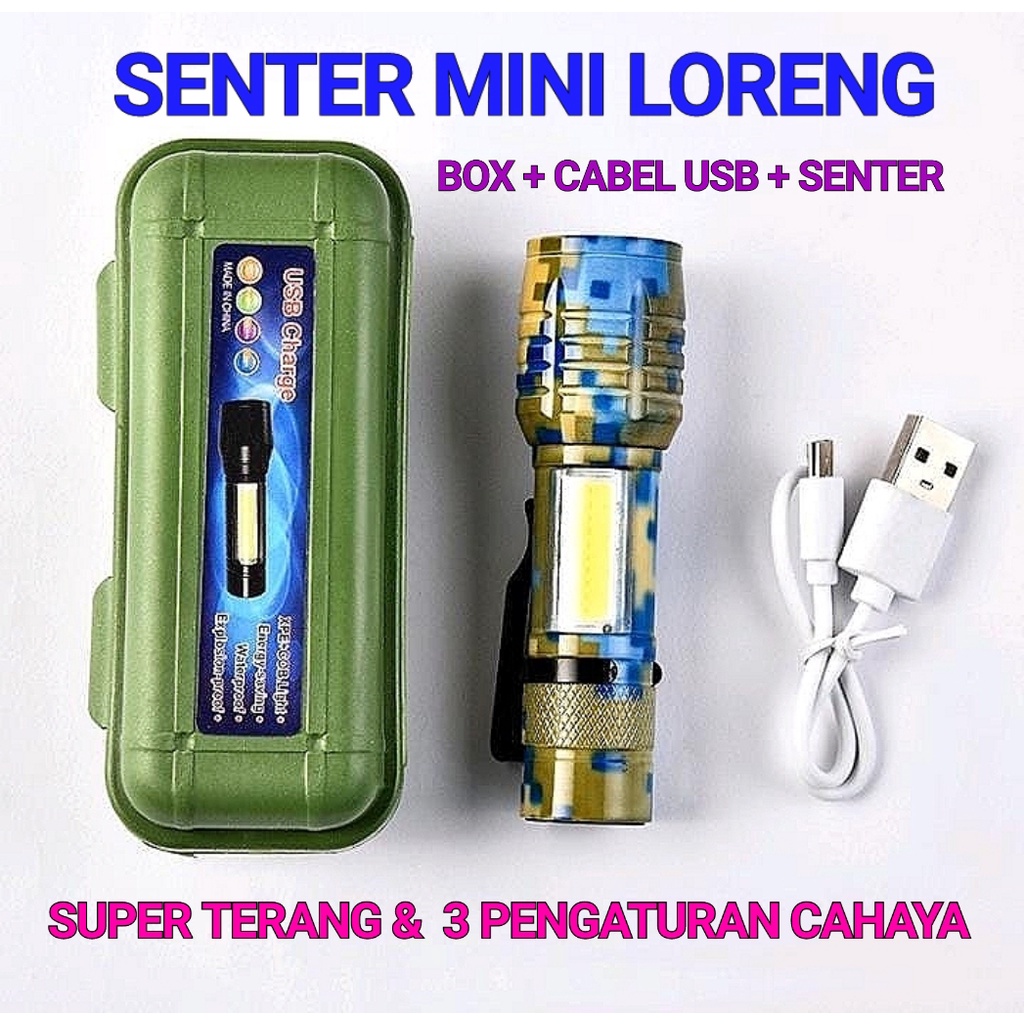 PROMO [ TERMURAH ] Senter Loreng/Senter Mini LED Sangat Terang Zoom XPE + LED Samping COB Nyala Sangat Terang USB / KEY LIGHT / KEYLIGHT / Senter Kepala / Senter Tourch