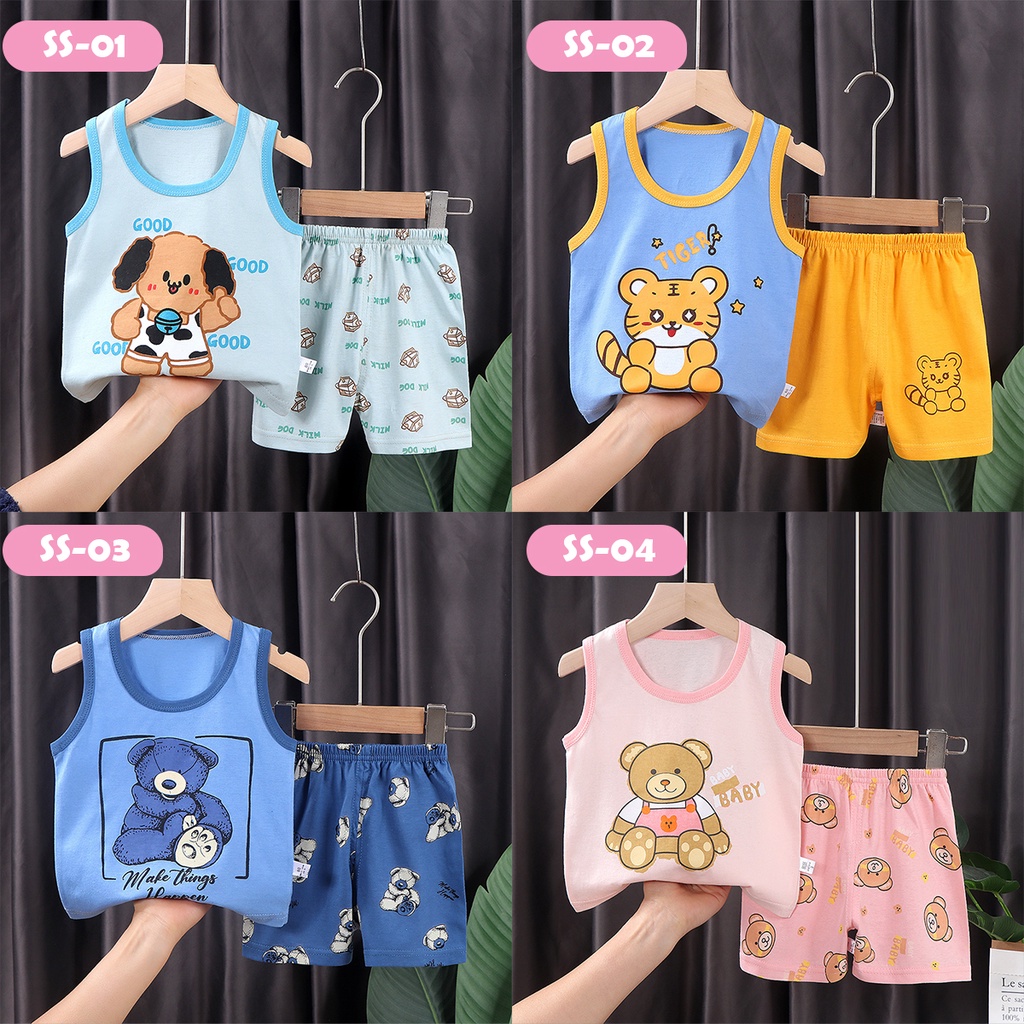 Setelan Kaos Singlet Anak Laki Laki Perempuan Katun Import Model Terbaru umur 1 2 tahun 9 12 24 bulan Pakaian Rumah Santai Harian Jalan Fashion Motif  Karakter Hewan Kartun Lucu Imut Cantik Kekinian