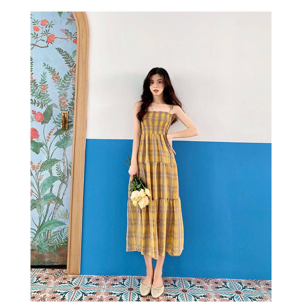 KDR-49 mid-length summer dress tartan setelan wanita import korea