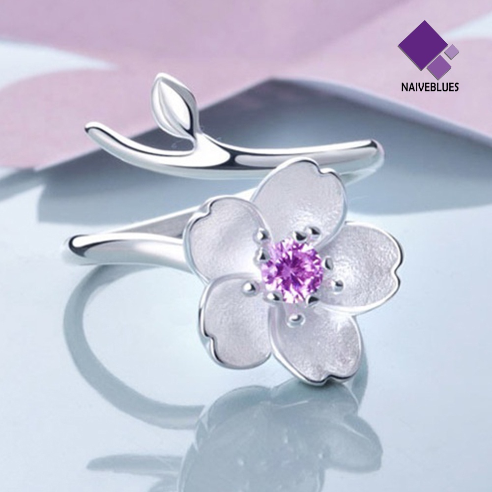 Cincin Wanita Model Terbuka Bahan 925 Sterling Silver Plated Desain Cherry Sakura Untuk Hadiah Ulang Tahun