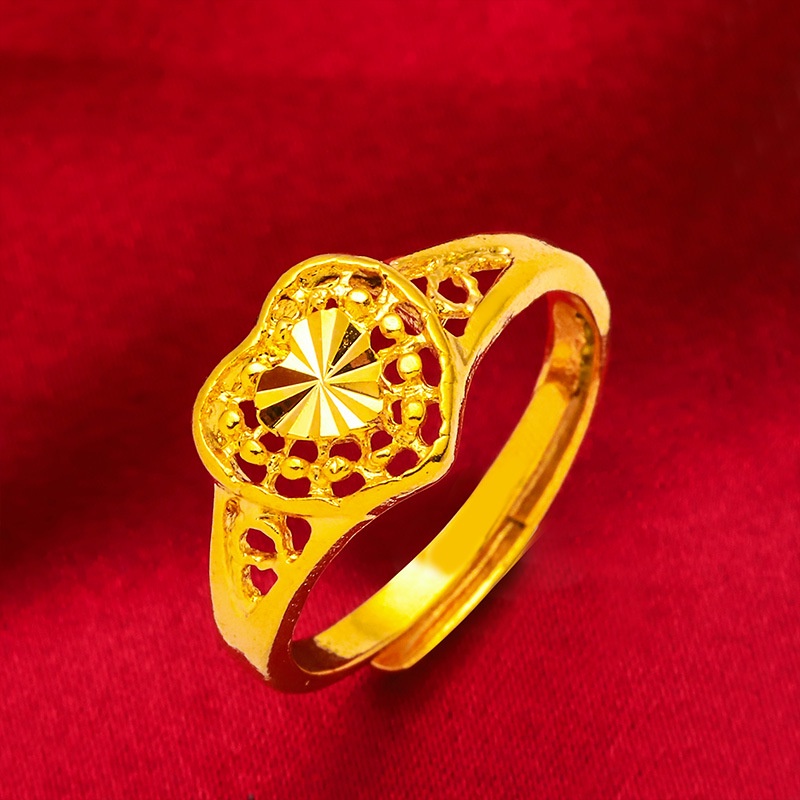 Cincin Model Terbuka Adjustable Desain Hati Hollow Bahan Kuningan Lapis Emas 24K Untuk Wanita