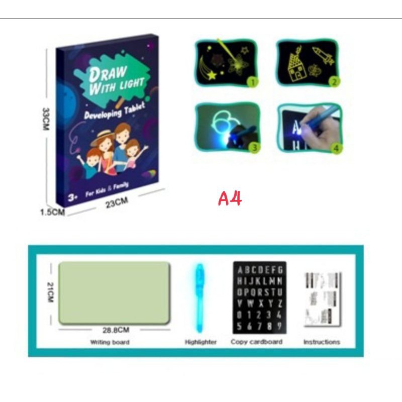 Magic Glowing drawing board ukuran A4- mainan edukasi anak - gambar nyala - papan gambar nyala