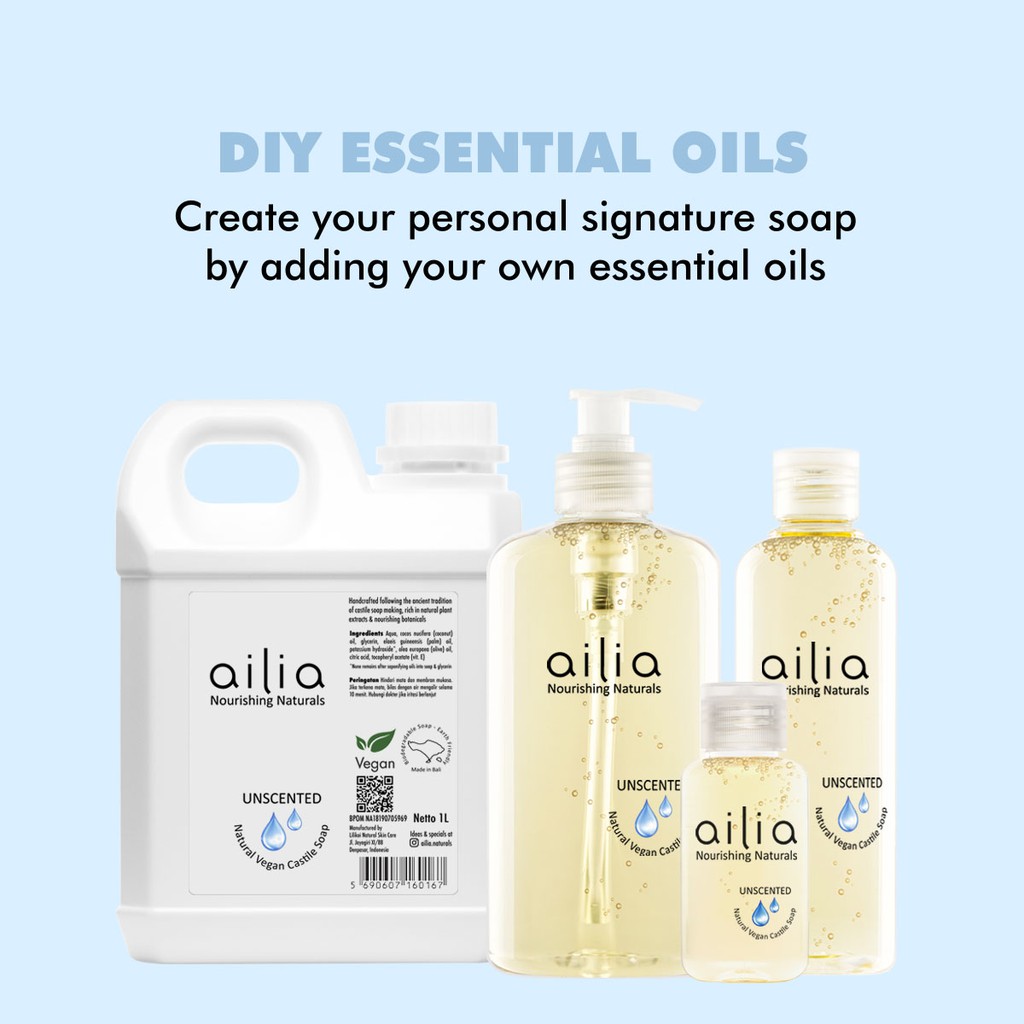 Ailia Natural Vegan Castile Soap UNSCENTED 1000 ml - DIY Essential Oil, lembut utk kulit sensitif