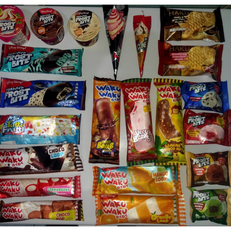 

ES KRIM GLICO WINGS FROST BITE MOCHI,HAKU MONAKA CHEESECAKE,WAKU WAKU LOOP POP, J CONE BLACKPINK