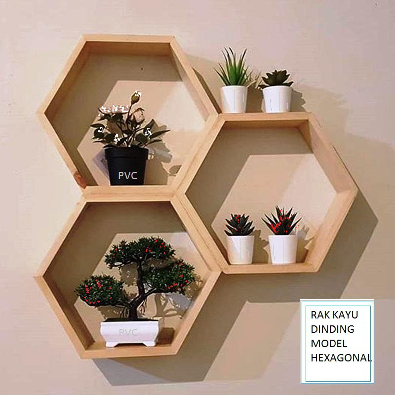 Rak kayu dinding hexagonal / segi enam , satuan