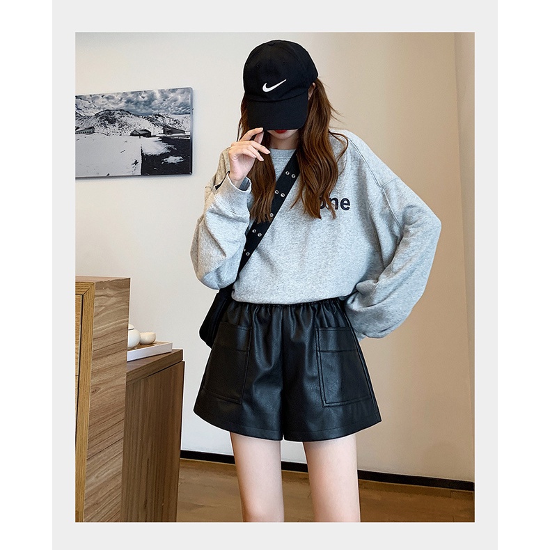 #Sisjuly# Kulit Celana Pendek Wanita2022Musim Semi dan Musim Gugur Baru Longgar Lebar Kaki Slim-Fit Pakaian Bo