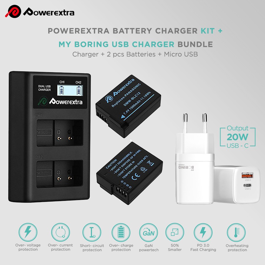 Powerextra Baterai DMW-BLC12 2 Pack With Dual Charger + Fast Adaptor