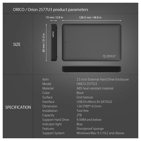 Orico 2577U3 Hdd And Ssd 2.5&quot; Case External Enclosure Usb 3.0