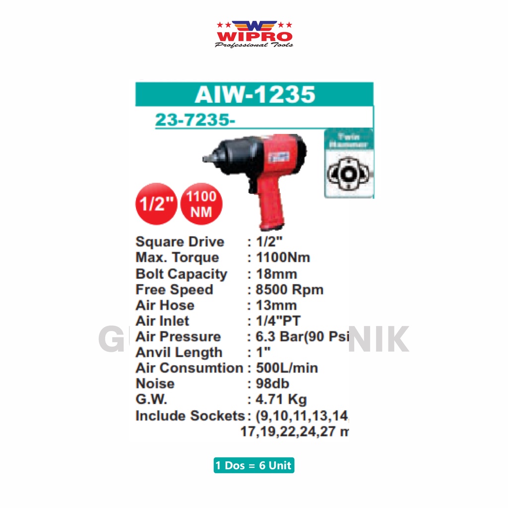 Air Impact Wrench 1/2&quot; TWIN HAMMER Mobil WIPRO AIW-1235 / Alat Buka Pasang Baut Impact Wrench ANGIN 1/2 Inch Mobil WIPRO AIW1235 - Alat Buka Baut Mobil Angin WIPRO AIW 1235