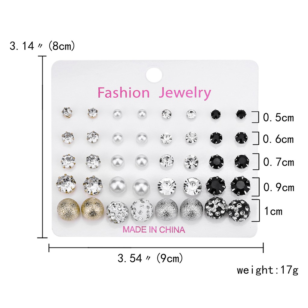 20 Pasang / set Anting Tusuk / Bulat / Bulat Aksen Mutiara + Berlian Imitasi Warna Hitam / Putih Untuk Wanita