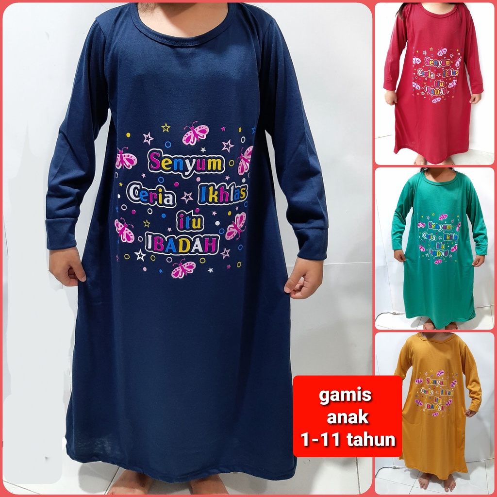 gamis anak muslim perempuan 1-11 tahun kaos tangan panjang cewek hijab senyum ceria grosir