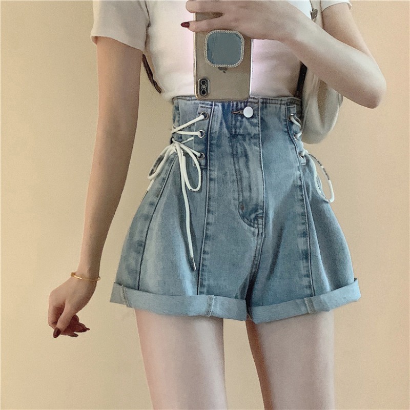 Gaya Korea Jeans Hot Girl Rolled Edge Perban Celana Pendek Denim Wanita Musim Panas 2022 Baru Warna