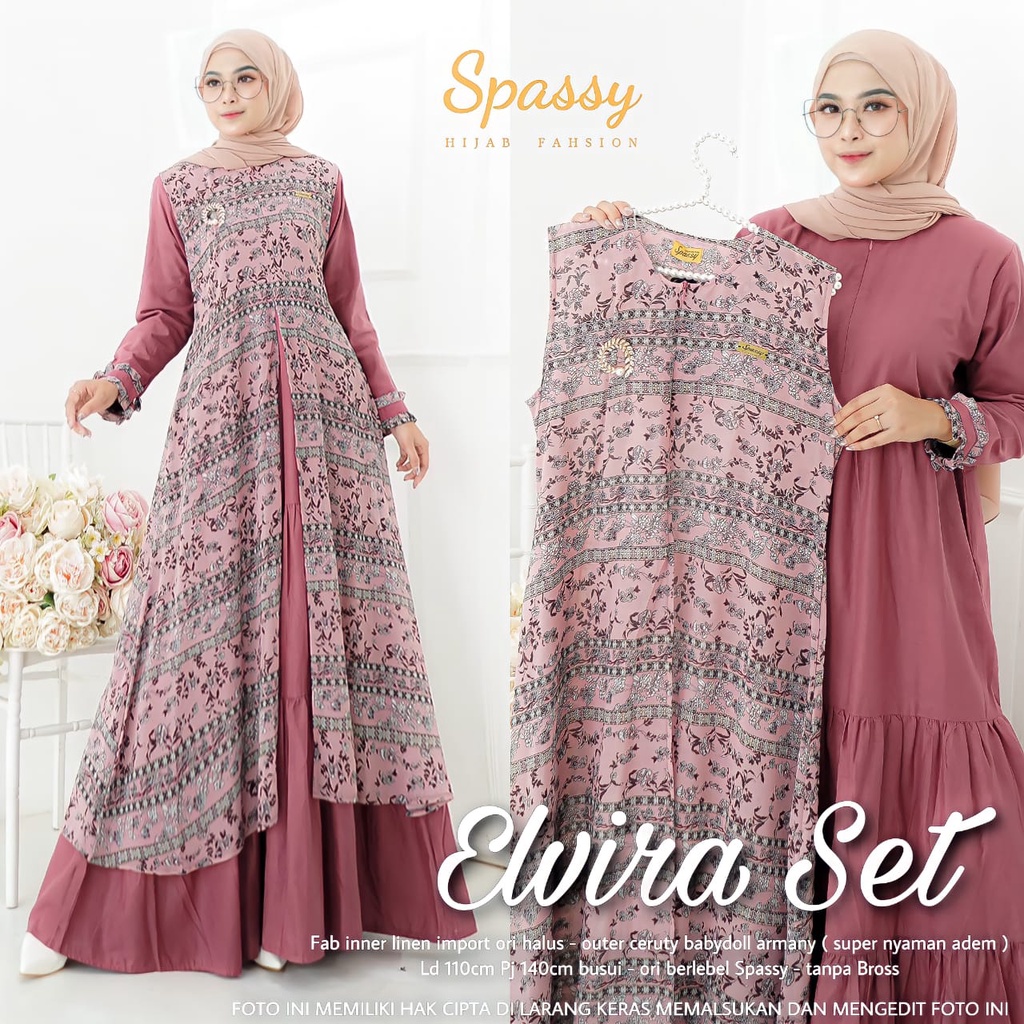 Elvira Set Dress Wanita Maxy Gamis Spassy Original Fashion Muslim Inner Linen Import Outer Ceruty Ba