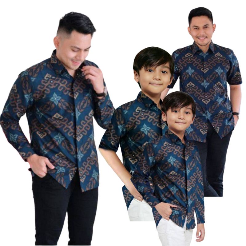 Kemeja Batik Pria Couple Ayah Dan Anak Laki-laki Motif Teratai Warna Krem Lengan Panjang Dan Pendek