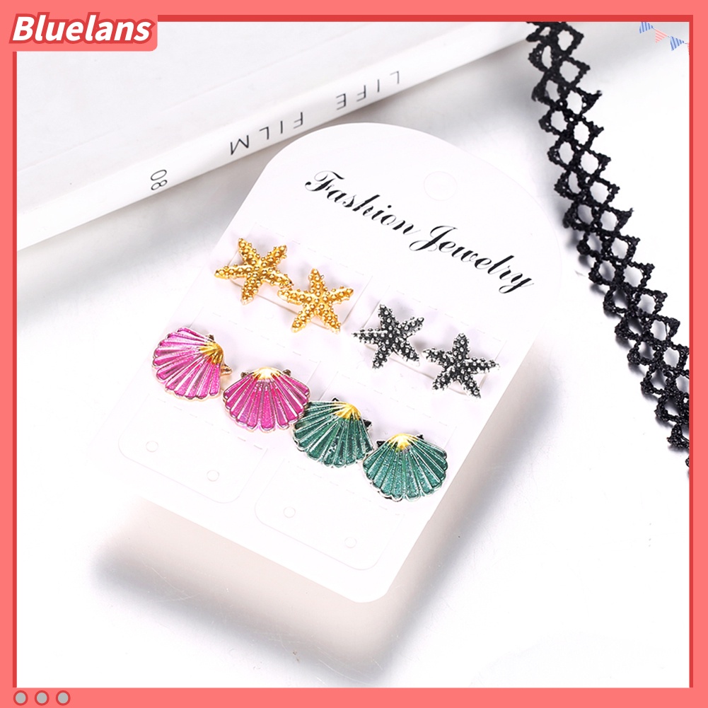 Bluelans 4 Pairs Boho Women Starfish Shell Stud Earrings Set Summer Jewelry Accessories