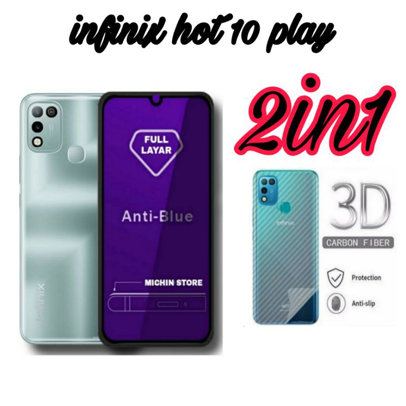 Paket 2in1Tempered Glass Blue Light INFINIX HOT 11 10 PLAY 11 11s 11s NFC  10 Anti Radiasi Full + Garskin 3D