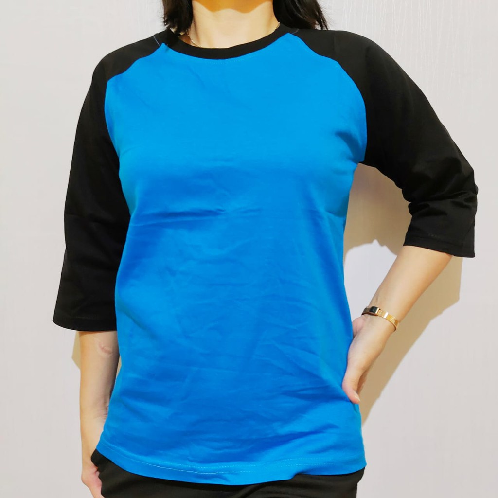 Kaos polos reglan biru turkis lengan hitam 3/4 20 22 S M L XL XXL
