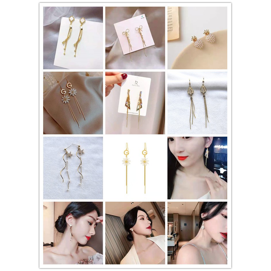 LRC Anting Tusuk Fashion Diamond Geometric Fringe Alloy Diamond P850x