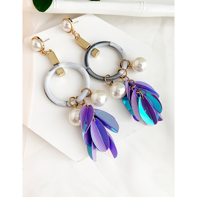 LRC Anting Tusuk Fashion Lake Blue Alloy Resin Pearl Sequin Tassel Earrings F76569