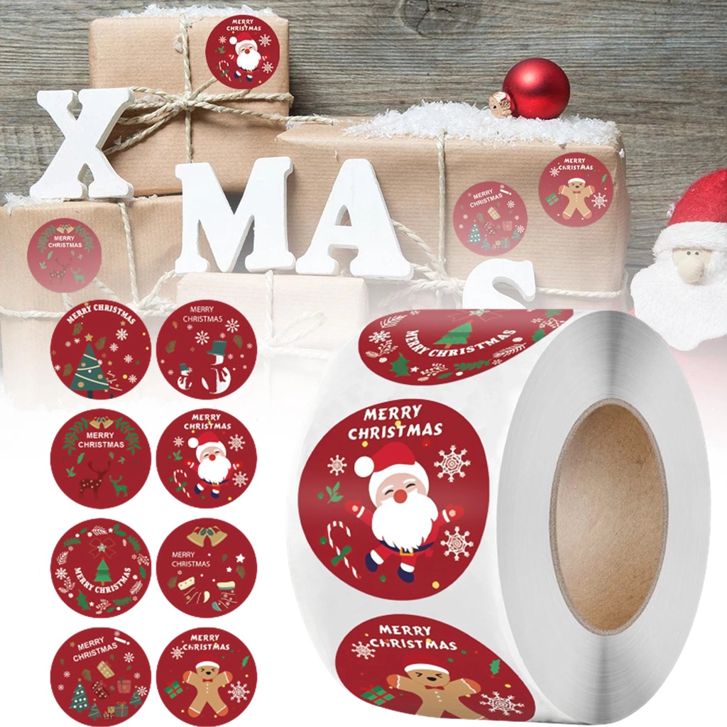 500pcs / roll Stiker Label Segel Motif Santa Claus Gingerbread Man Rusa Natal Untuk Dekorasi Kotak Hadiah