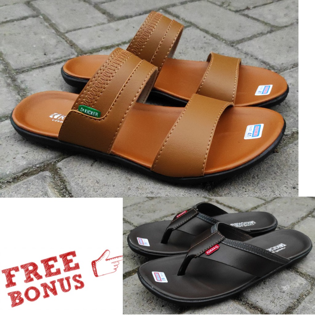 Sandal Pria Sandal Jepit Sandal Kulit Sandal Import Sandal Slop Sandal Murah Original Beli 1Gratis 1-06 TAN---