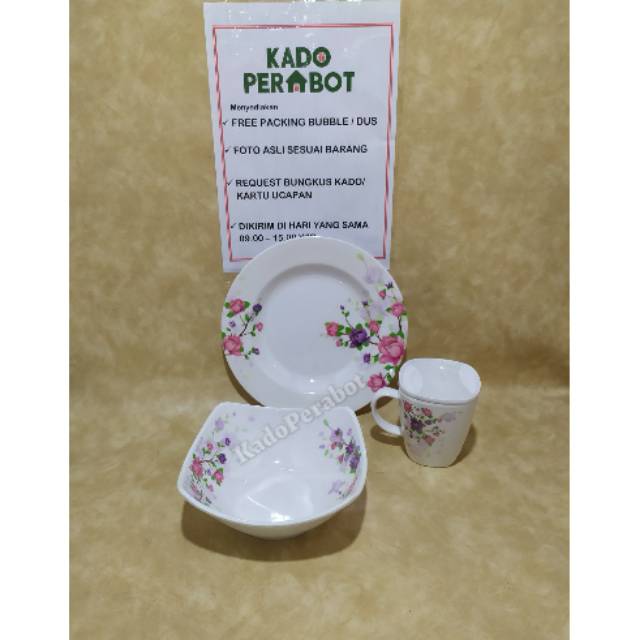 Piring gelas set isi 3pcs -piring mangkok kembang motif  O9 pink