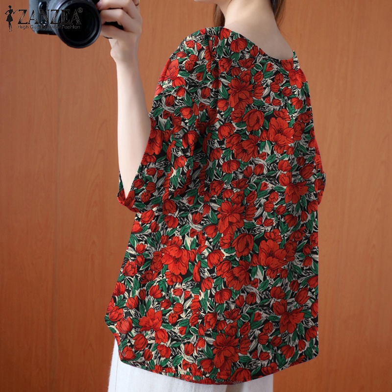 ZANZEA Women Floral Printed Shirts Round Neck Ladies Cocktail Party Blouse