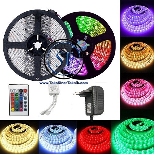 Lampu Led Strip Tempel RGB IP 44 3528 Multi Color Warna Warni Komplit Set Adaptor Remote 5 Meter Siap Pakai