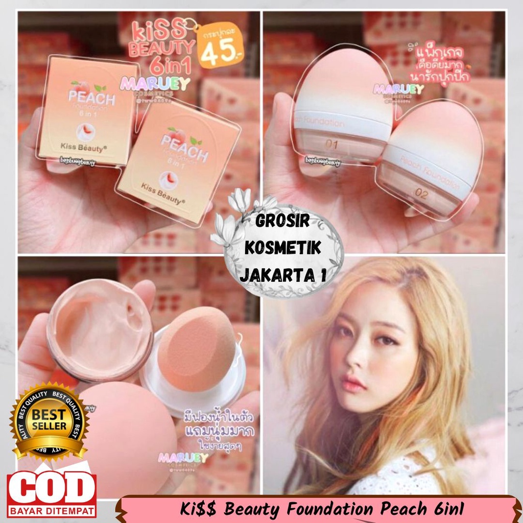 COD/Best Seller Egg Kiss Beauty Foundation Peach 6 in 1 Create A natural Complexion + Spons / Foundation set Beauty Blender / Foundation Cantik / Foundation 6in1 GROSIR KOSMETIK JAKARTA 1