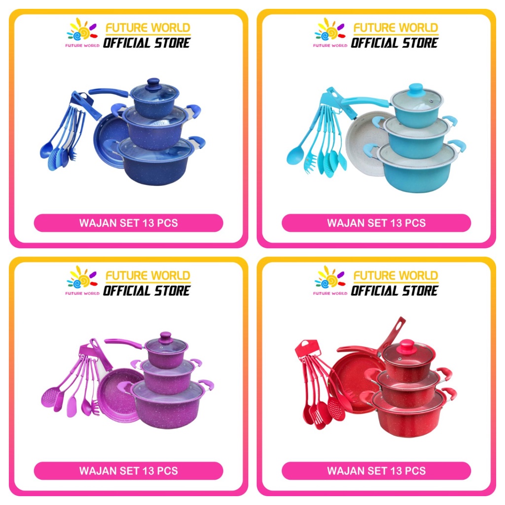 Panci Set 13 Cookware Panci Penggorengan Tutup Kaca Tg 2 Merah Biru Tosca Murah